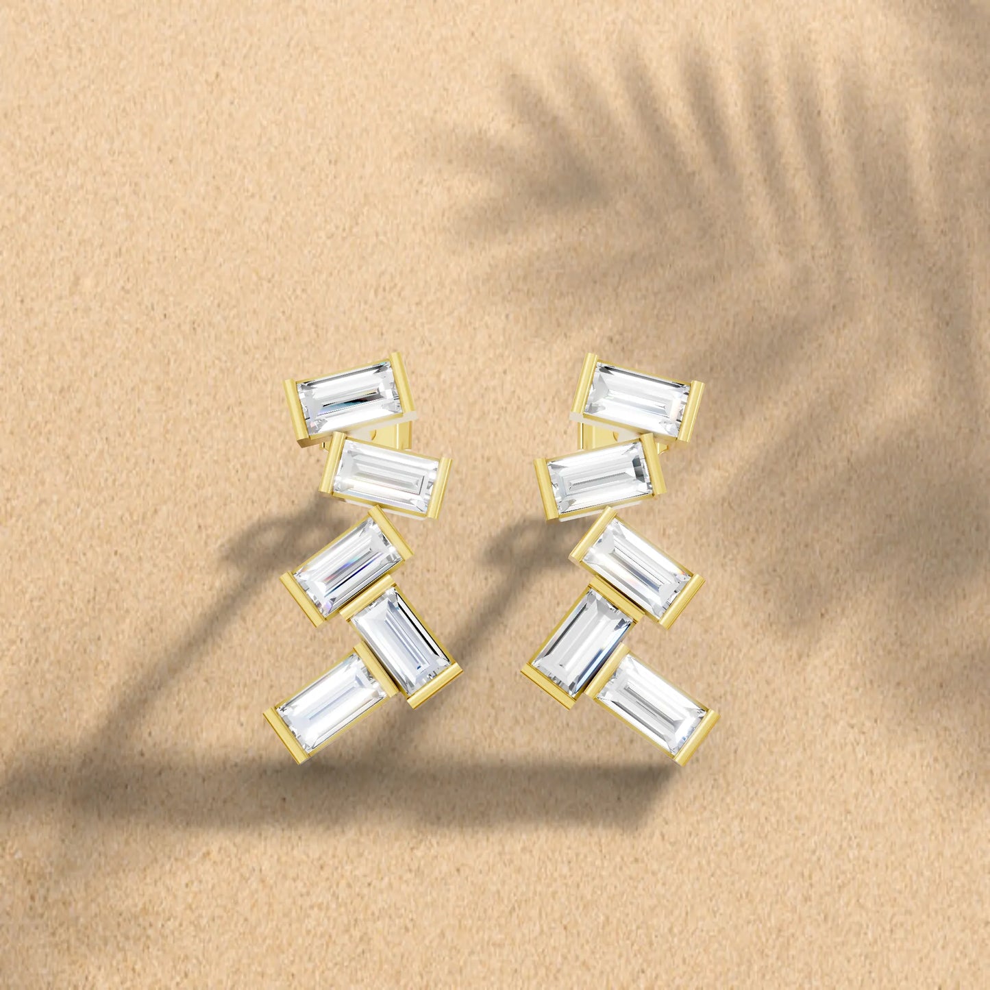 14K Gold Baguette Cut Diamond Zig Zag Cluster Drop Stud Earring