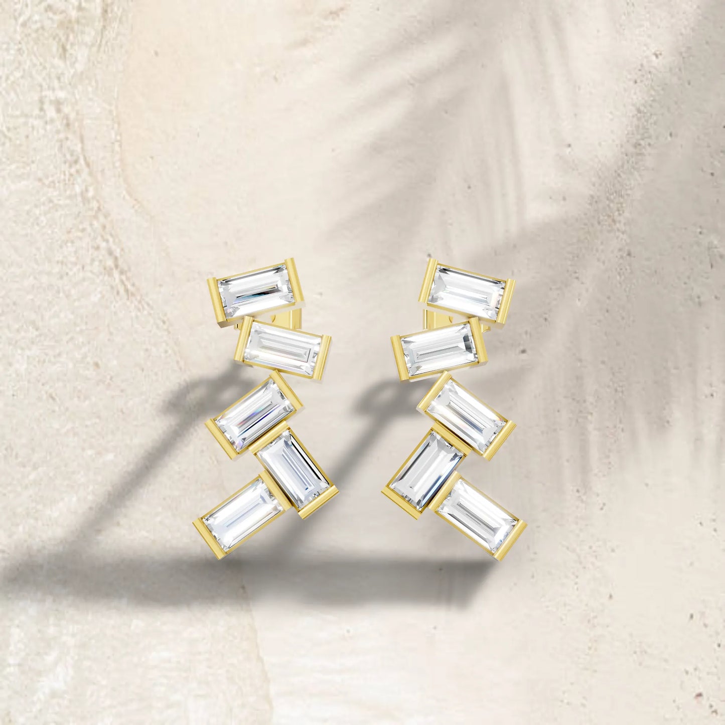 14K Gold Baguette Cut Diamond Zig Zag Cluster Drop Stud Earring
