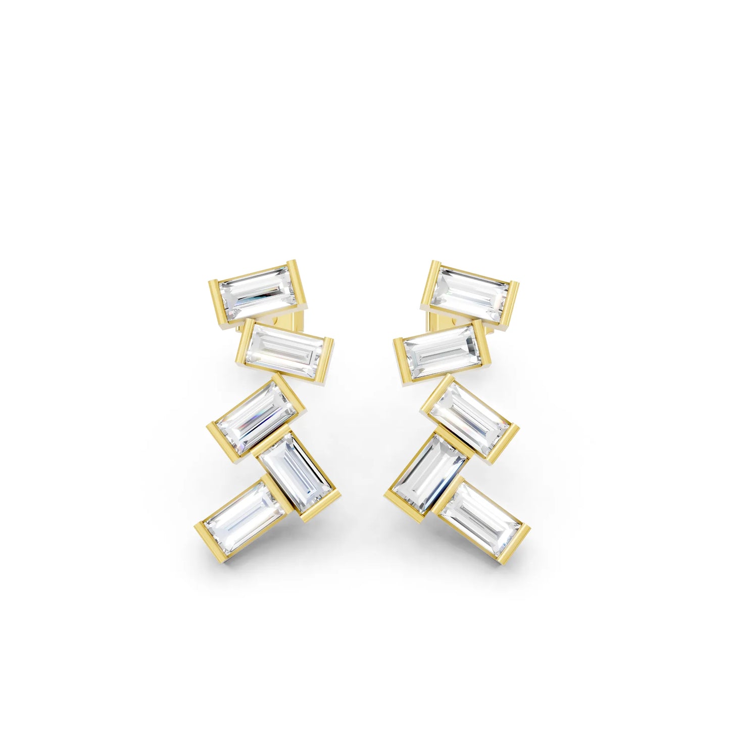 14K Gold Baguette Cut Diamond Zig Zag Cluster Drop Stud Earring