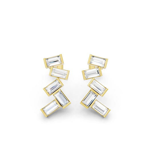 14K Gold Baguette Cut Diamond Zig Zag Cluster Drop Stud Earring