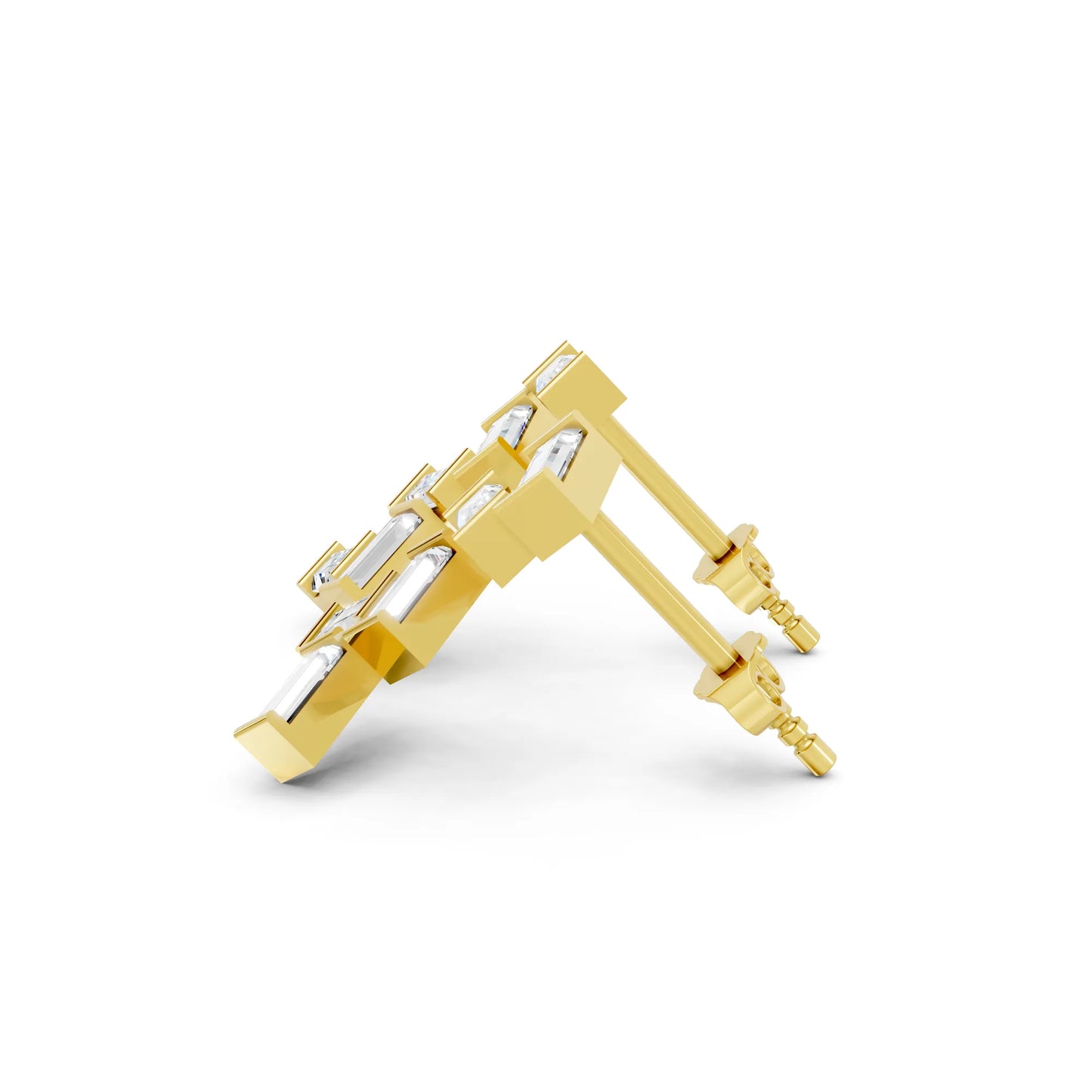 14K Gold Baguette Cut Diamond Zig Zag Cluster Drop Stud Earring