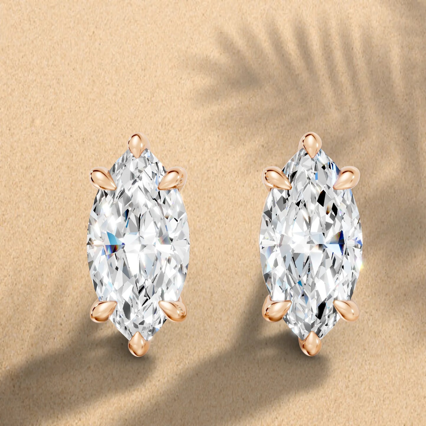 14K Gold Marquise Cut Diamond Solitaire Stud Earring