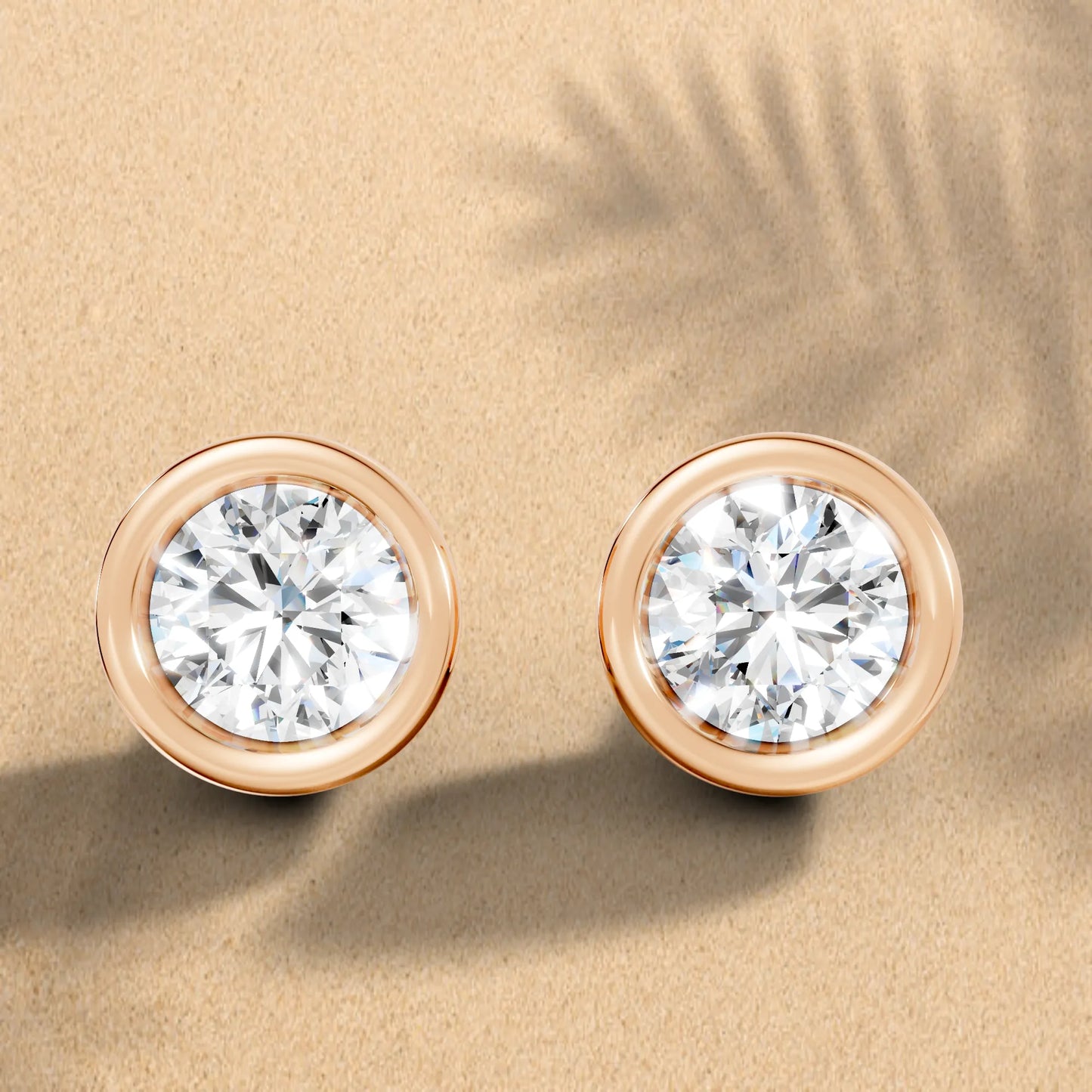 14K Gold Round Cut Diamond Bezel Stud Earring