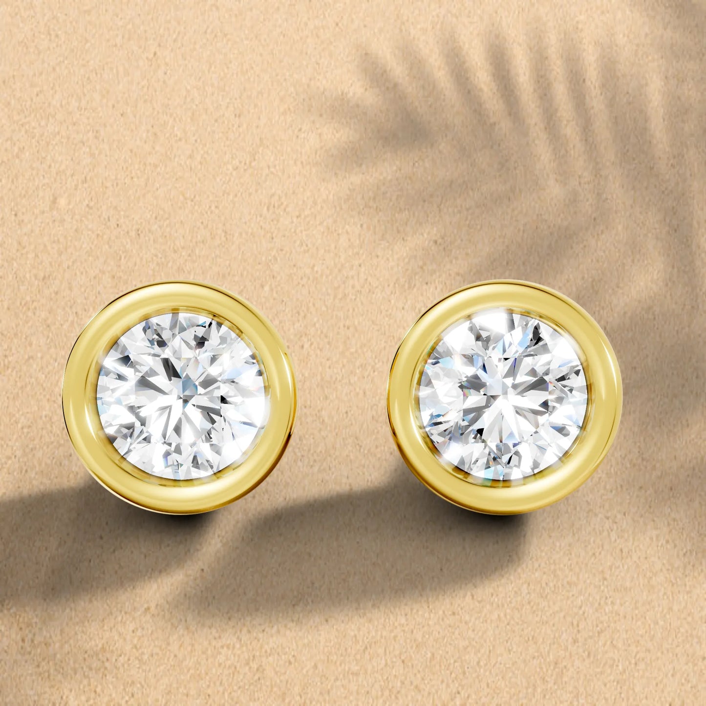 14K Gold Round Cut Diamond Bezel Stud Earring