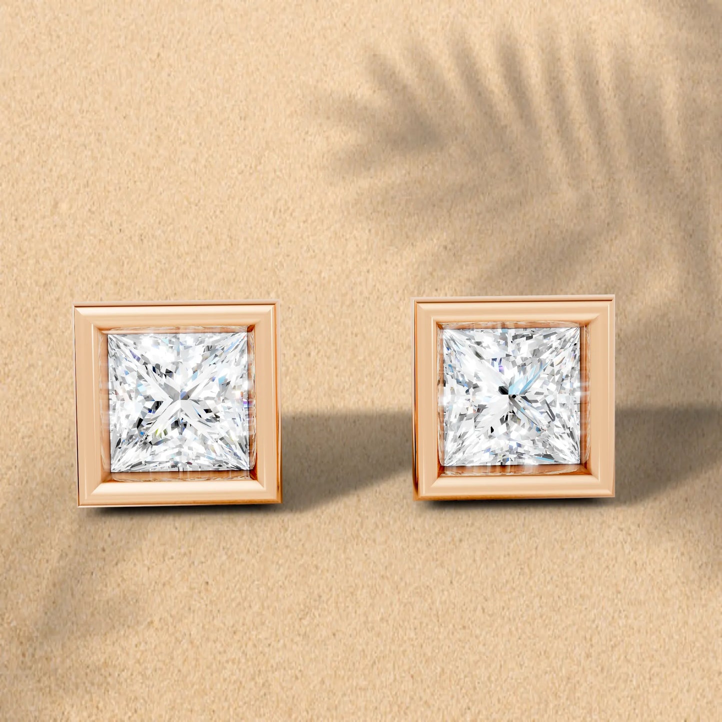 14K Gold Princess Cut Diamond Bezel Stud Earring