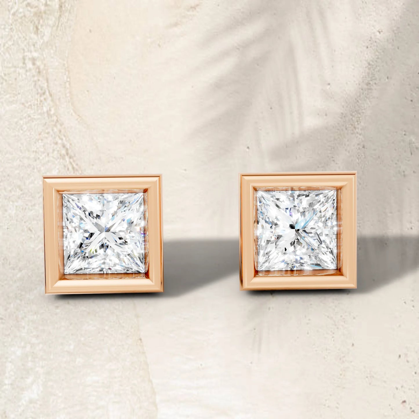 14K Gold Princess Cut Diamond Bezel Stud Earring
