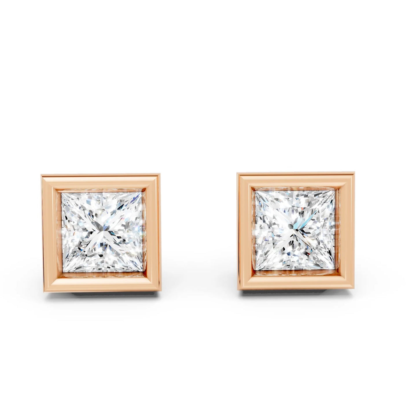 14K Gold Princess Cut Diamond Bezel Stud Earring