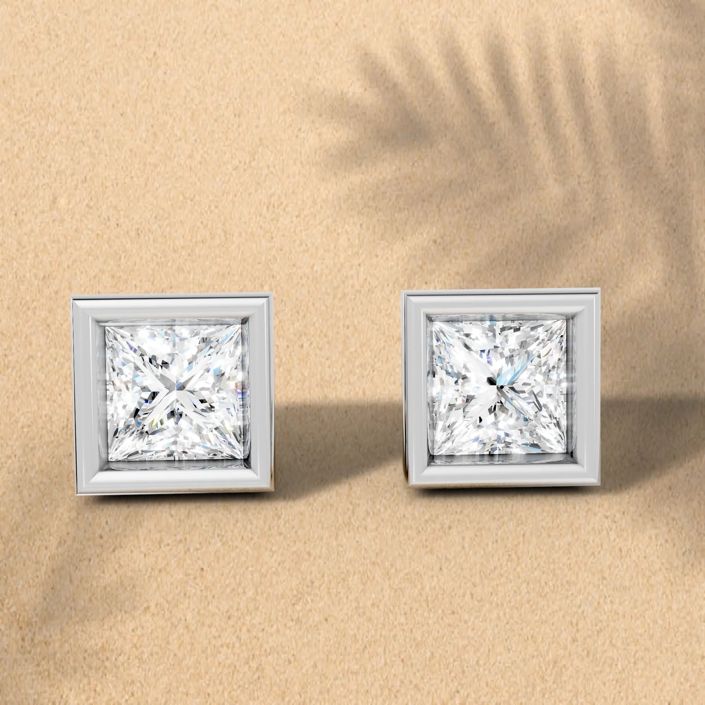 14K Gold Princess Cut Diamond Bezel Stud Earring