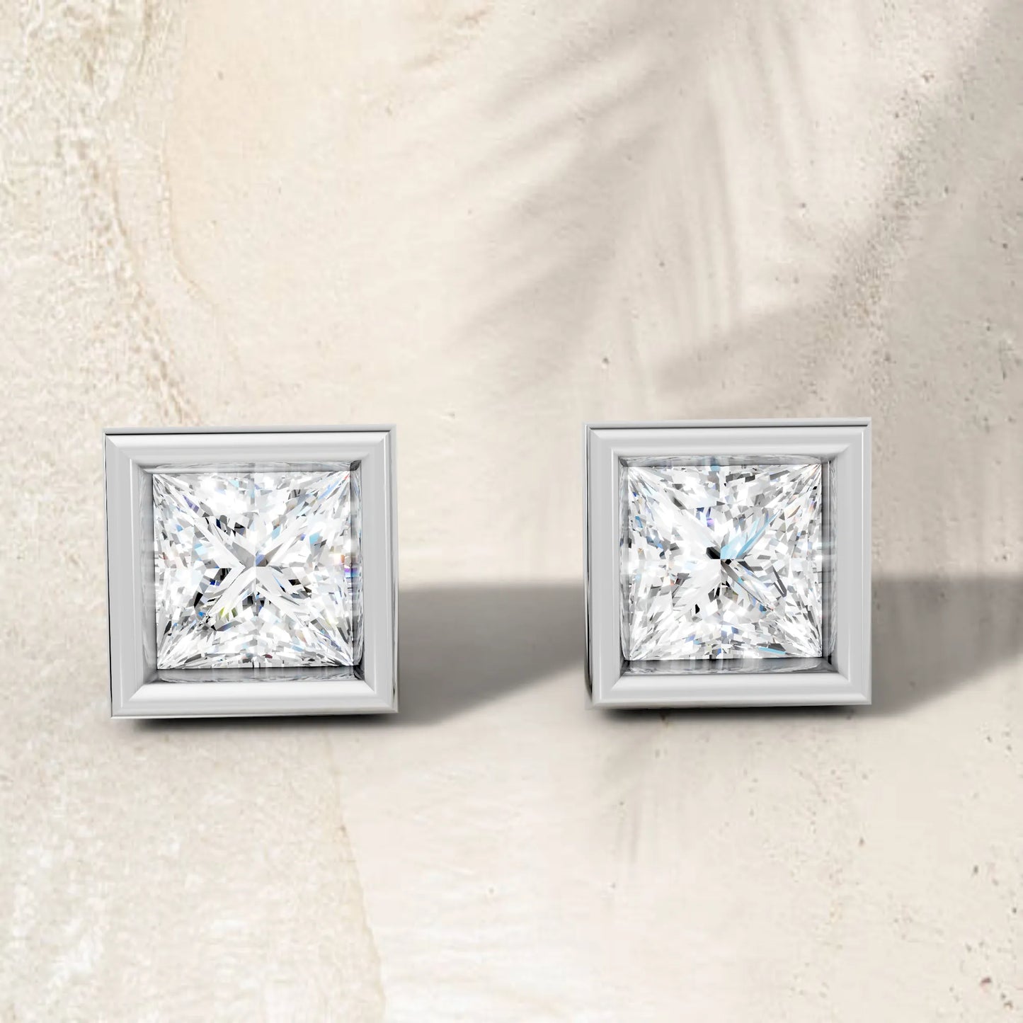 14K Gold Princess Cut Diamond Bezel Stud Earring