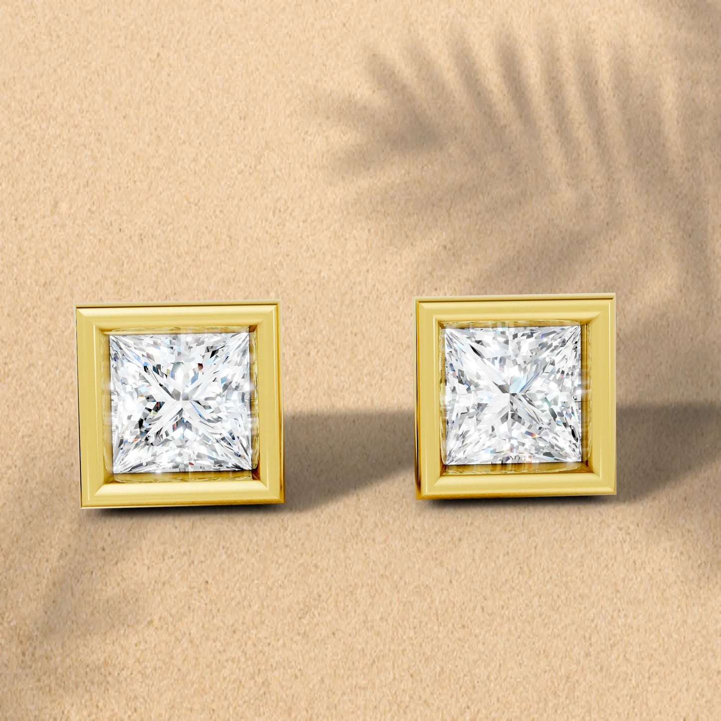 14K Gold Princess Cut Diamond Bezel Stud Earring