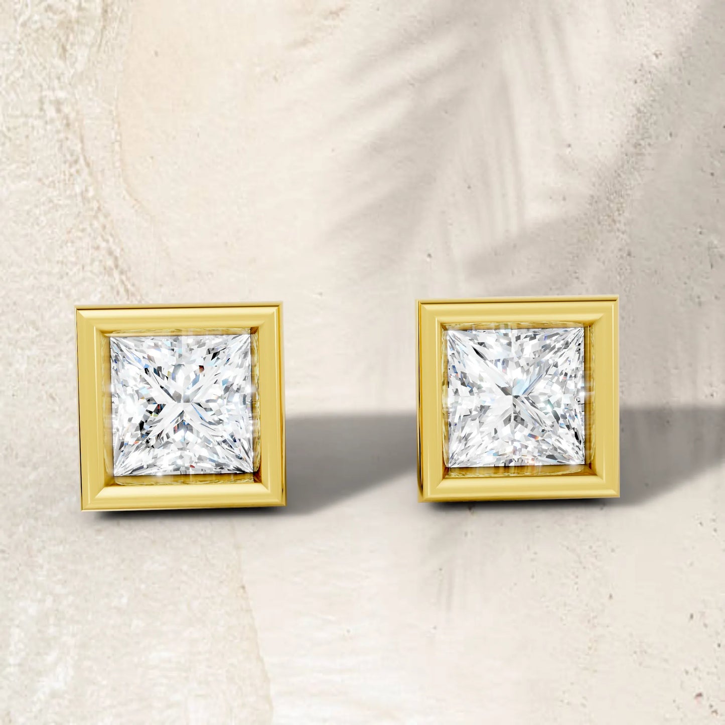 14K Gold Princess Cut Diamond Bezel Stud Earring