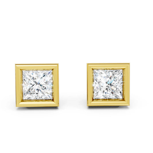 14K Gold Princess Cut Diamond Bezel Stud Earring