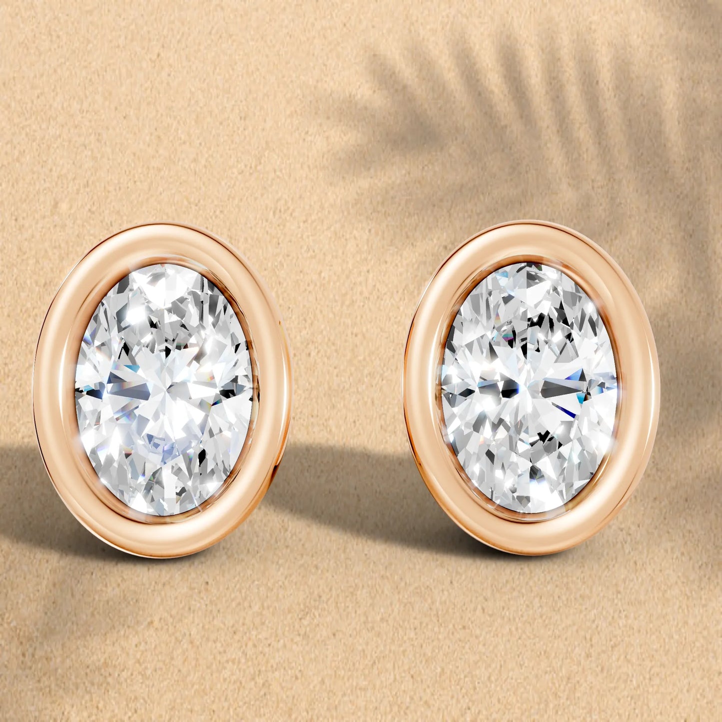 14K Gold Oval Cut Diamond Bezel Stud Earring