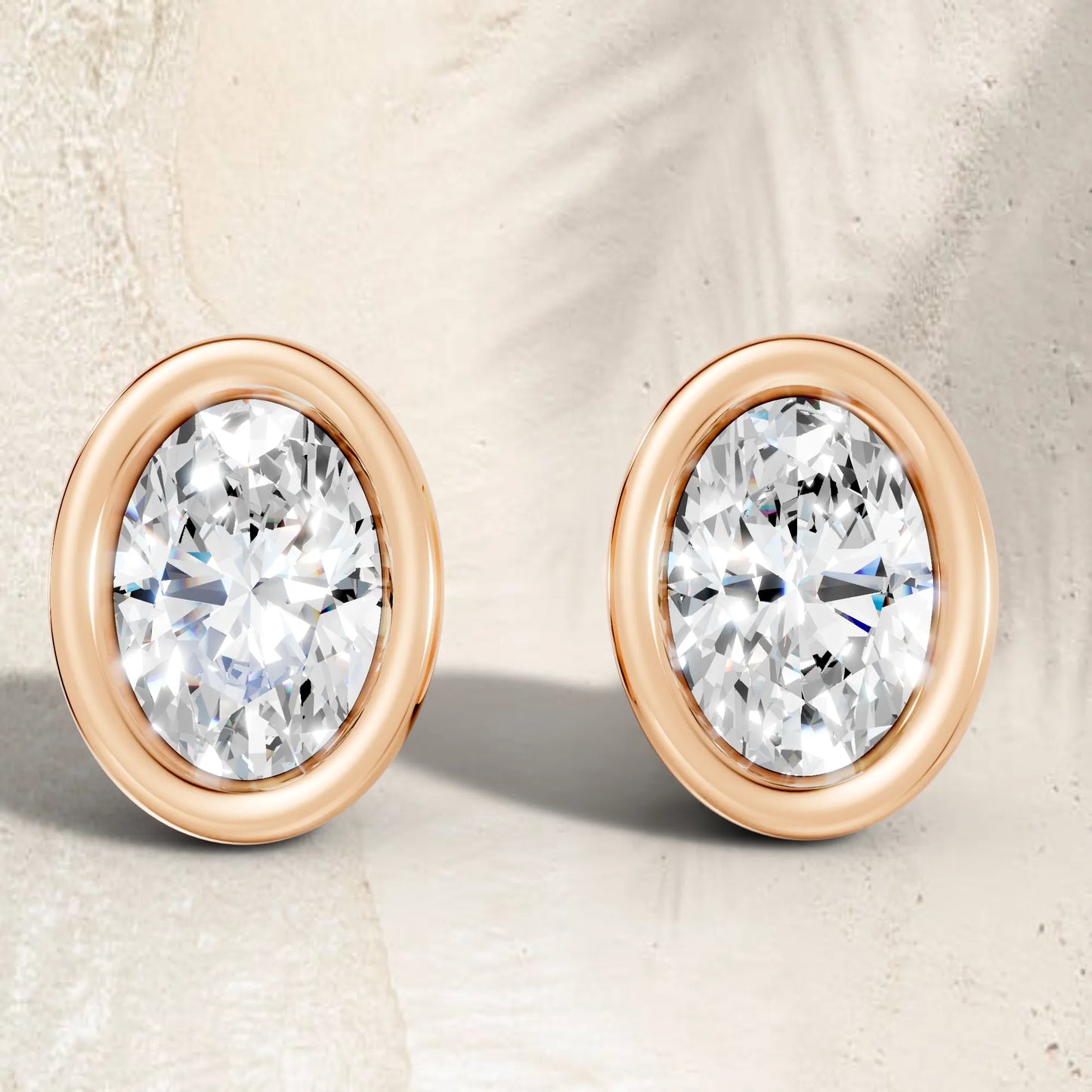 14K Gold Oval Cut Diamond Bezel Stud Earring
