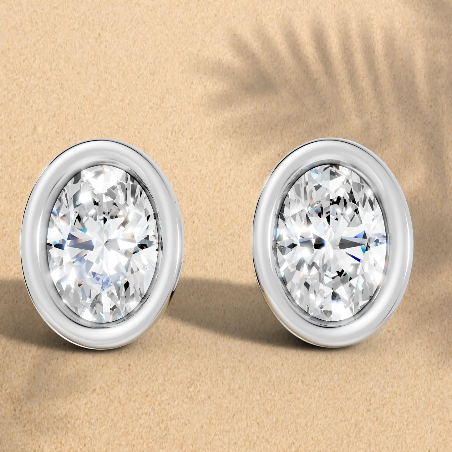 14K Gold Oval Cut Diamond Bezel Stud Earring