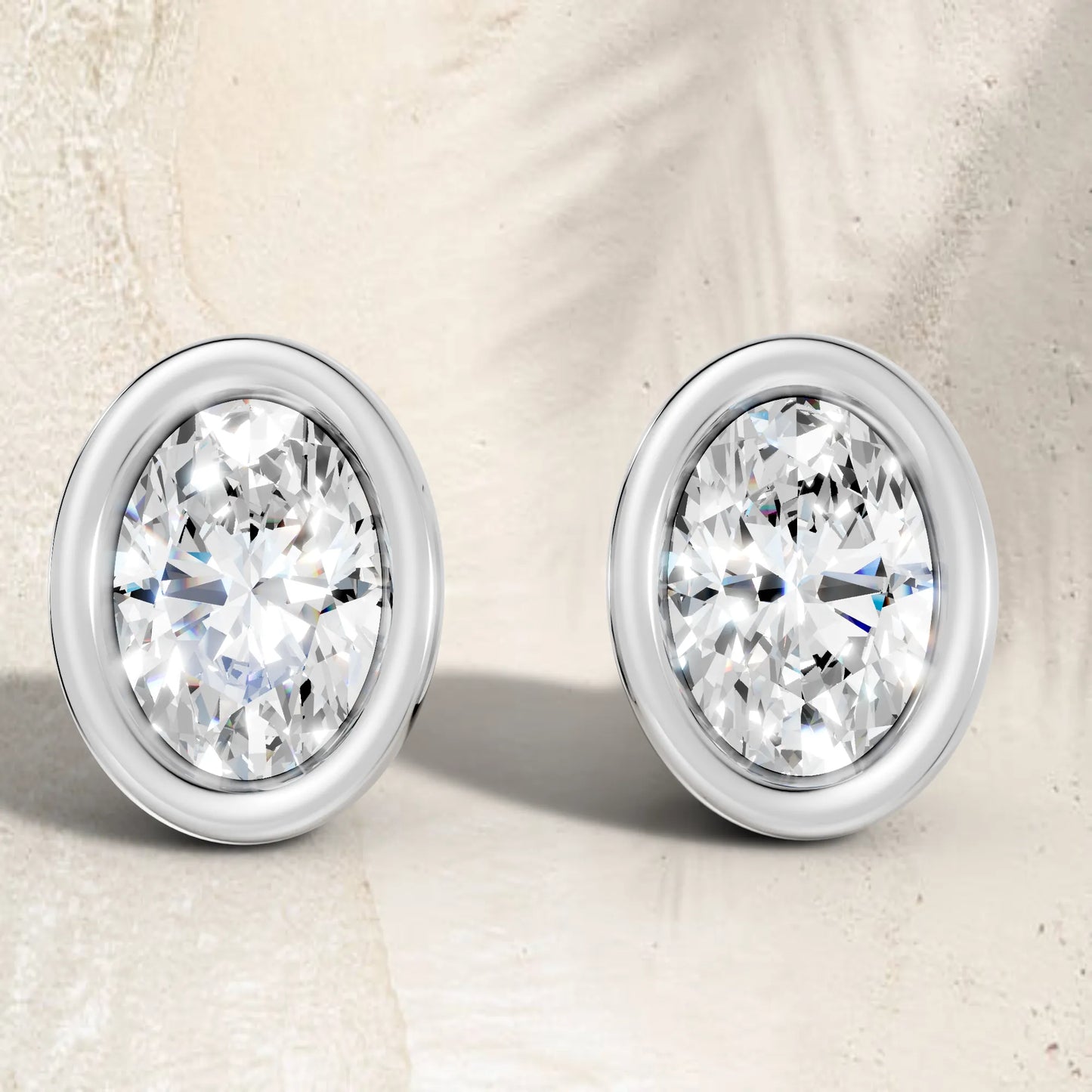 14K Gold Oval Cut Diamond Bezel Stud Earring