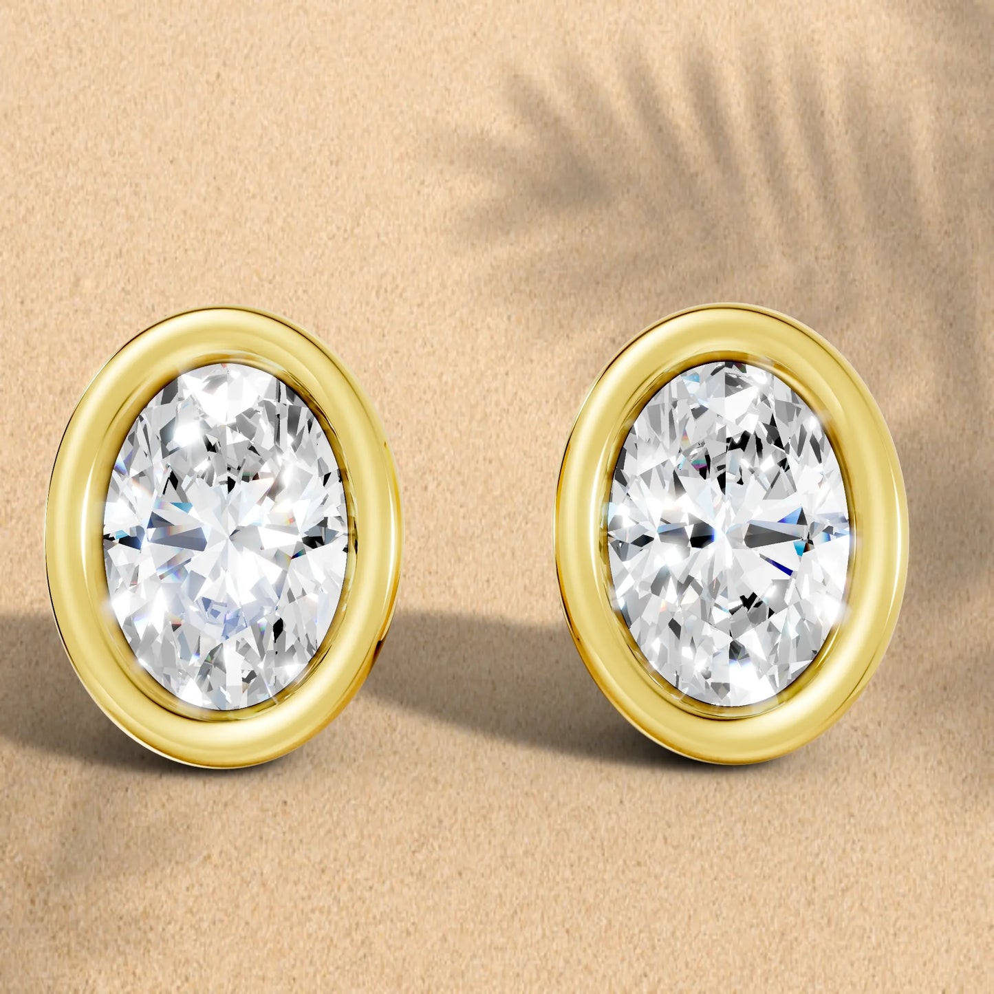 14K Gold Oval Cut Diamond Bezel Stud Earring