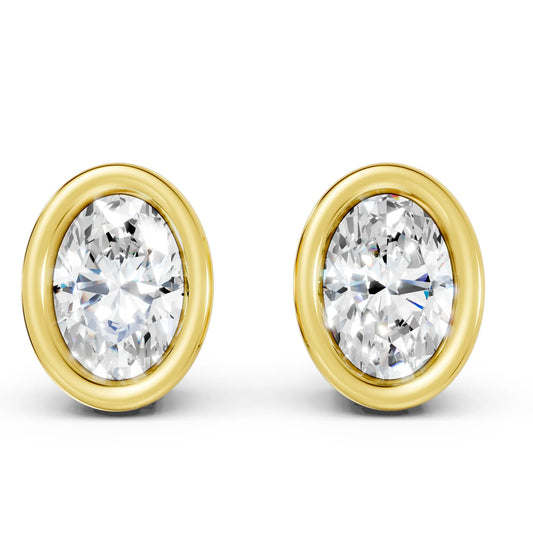 14K Gold Oval Cut Diamond Bezel Stud Earring