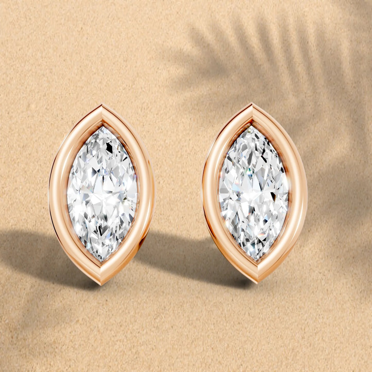 14K Gold Marquise Cut Diamond Bezel Stud Earring