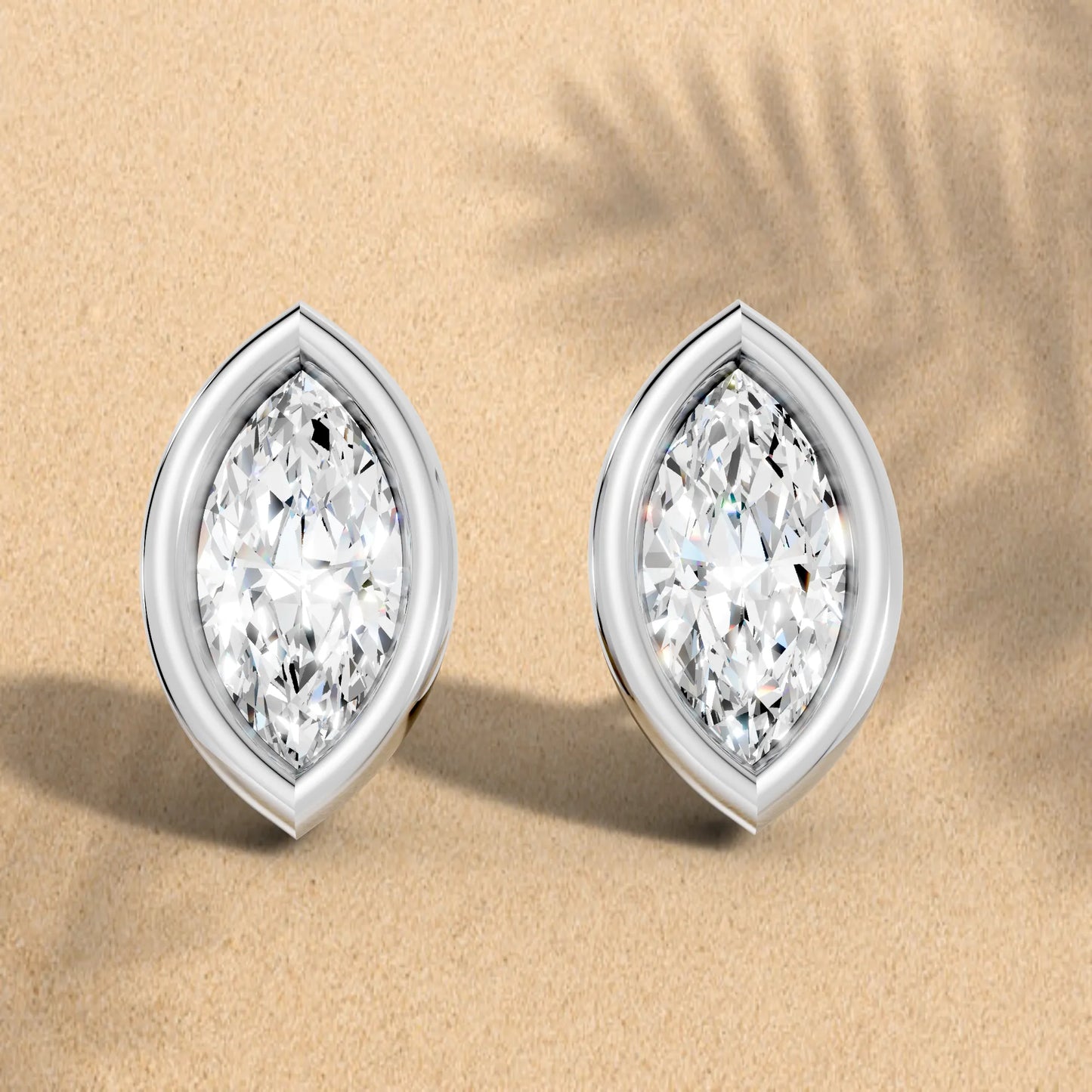 14K Gold Marquise Cut Diamond Bezel Stud Earring
