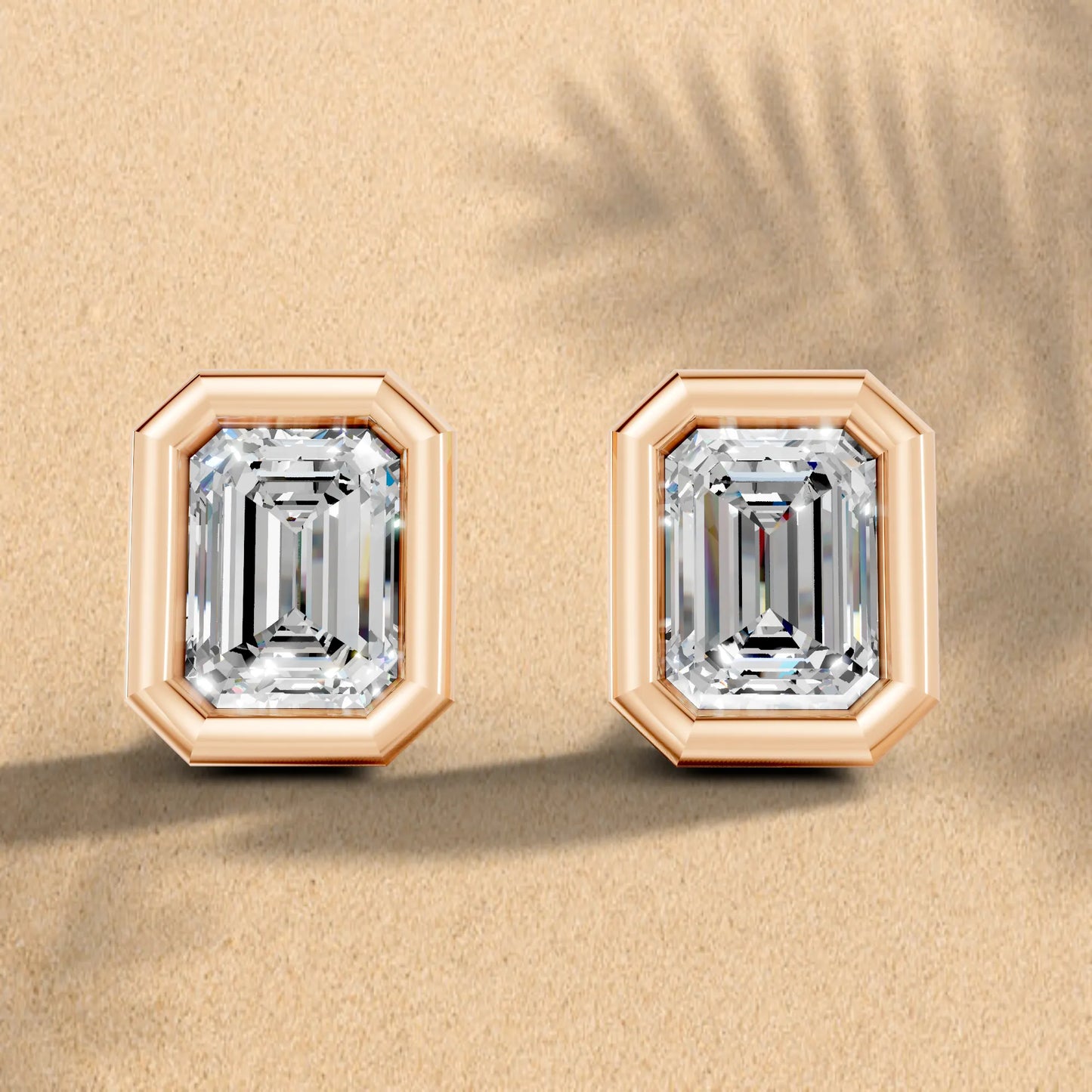 14K Gold Emerald Cut Diamond Bezel Stud Earring