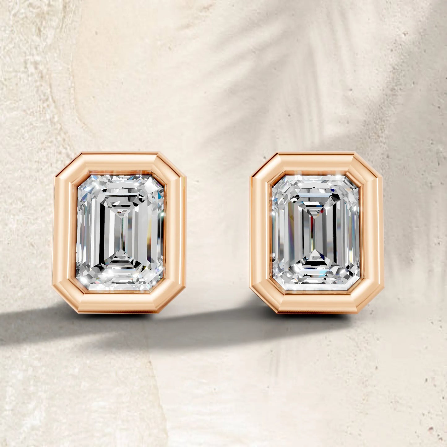 14K Gold Emerald Cut Diamond Bezel Stud Earring
