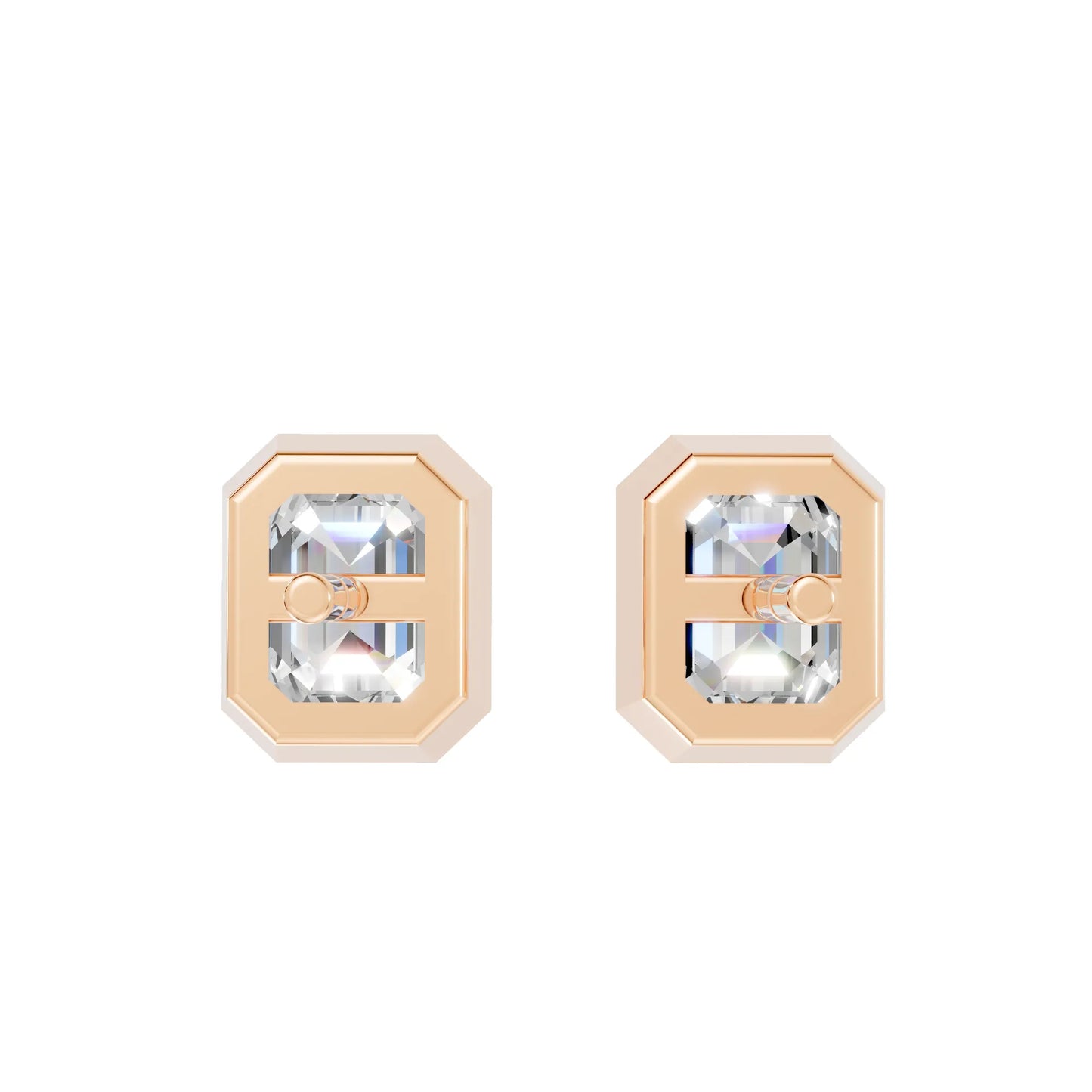 14K Gold Emerald Cut Diamond Bezel Stud Earring