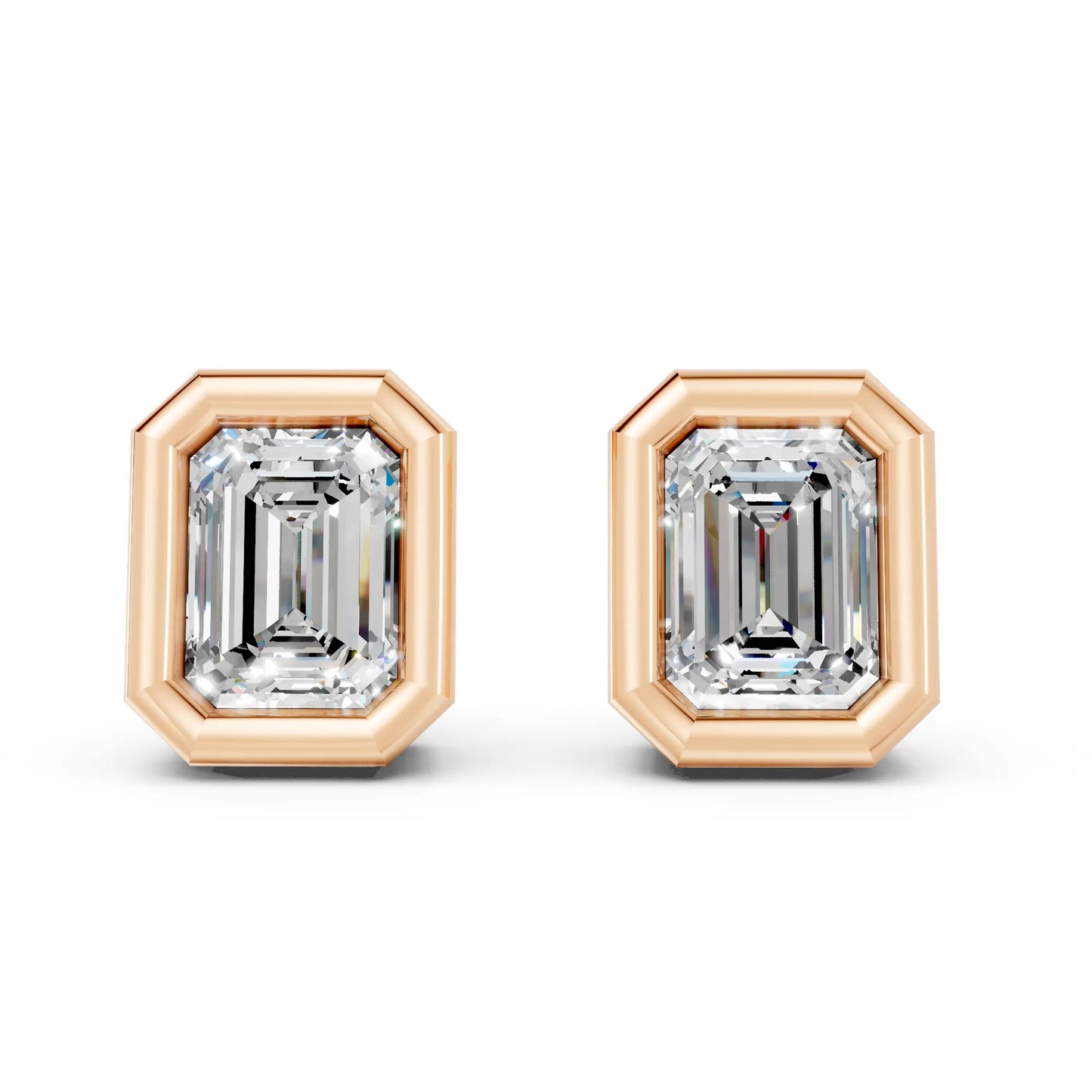 14K Gold Emerald Cut Diamond Bezel Stud Earring