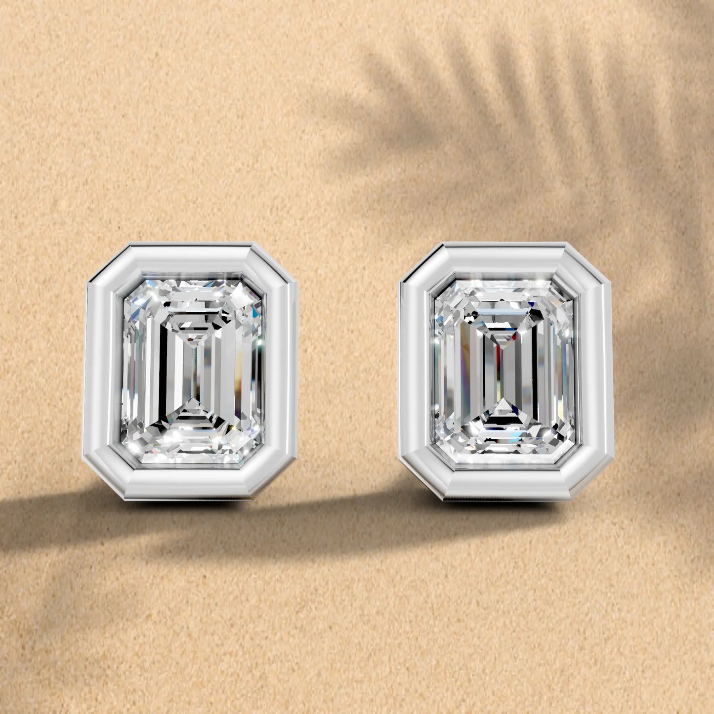 14K Gold Emerald Cut Diamond Bezel Stud Earring