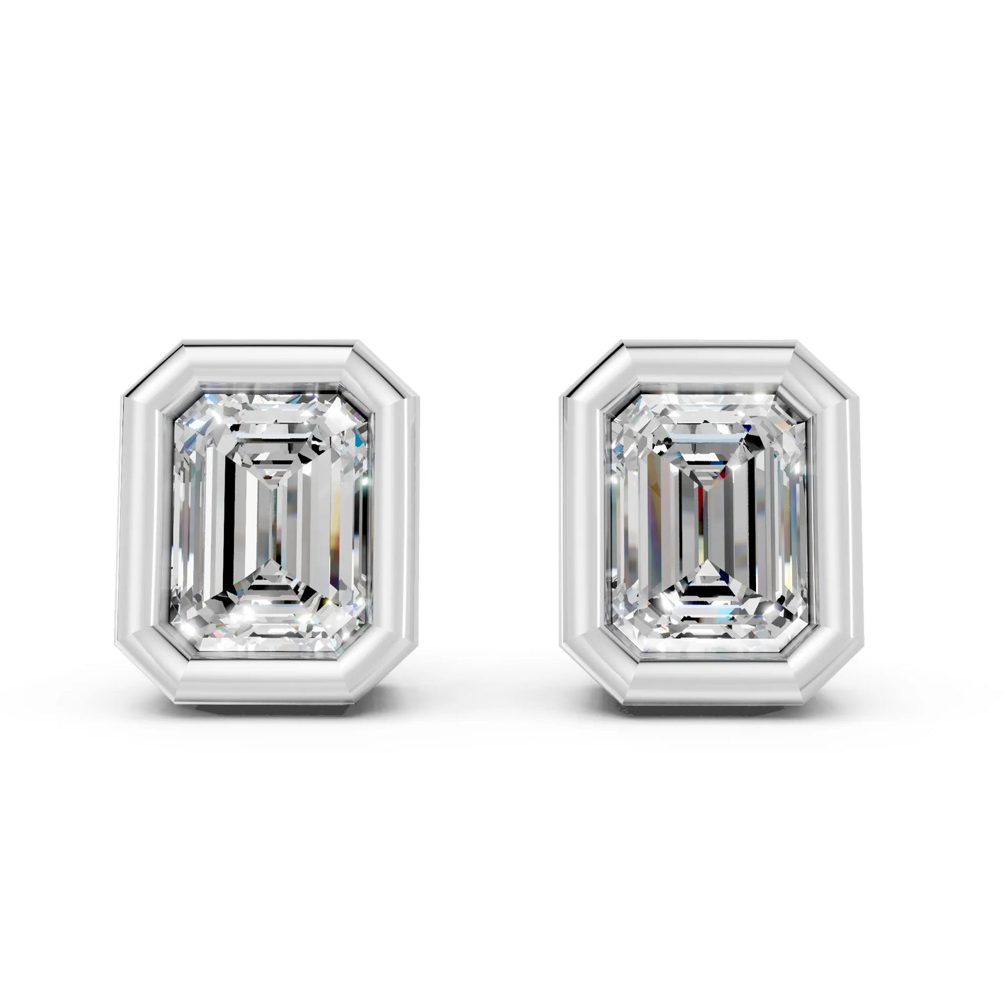 14K Gold Emerald Cut Diamond Bezel Stud Earring