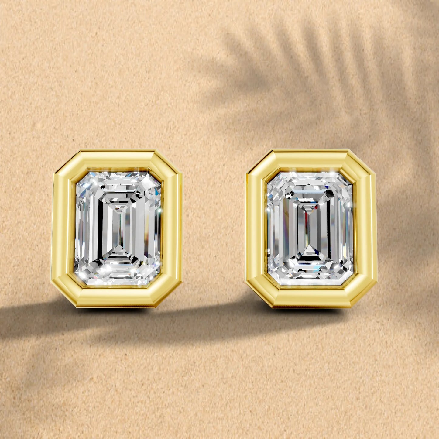 14K Gold Emerald Cut Diamond Bezel Stud Earring