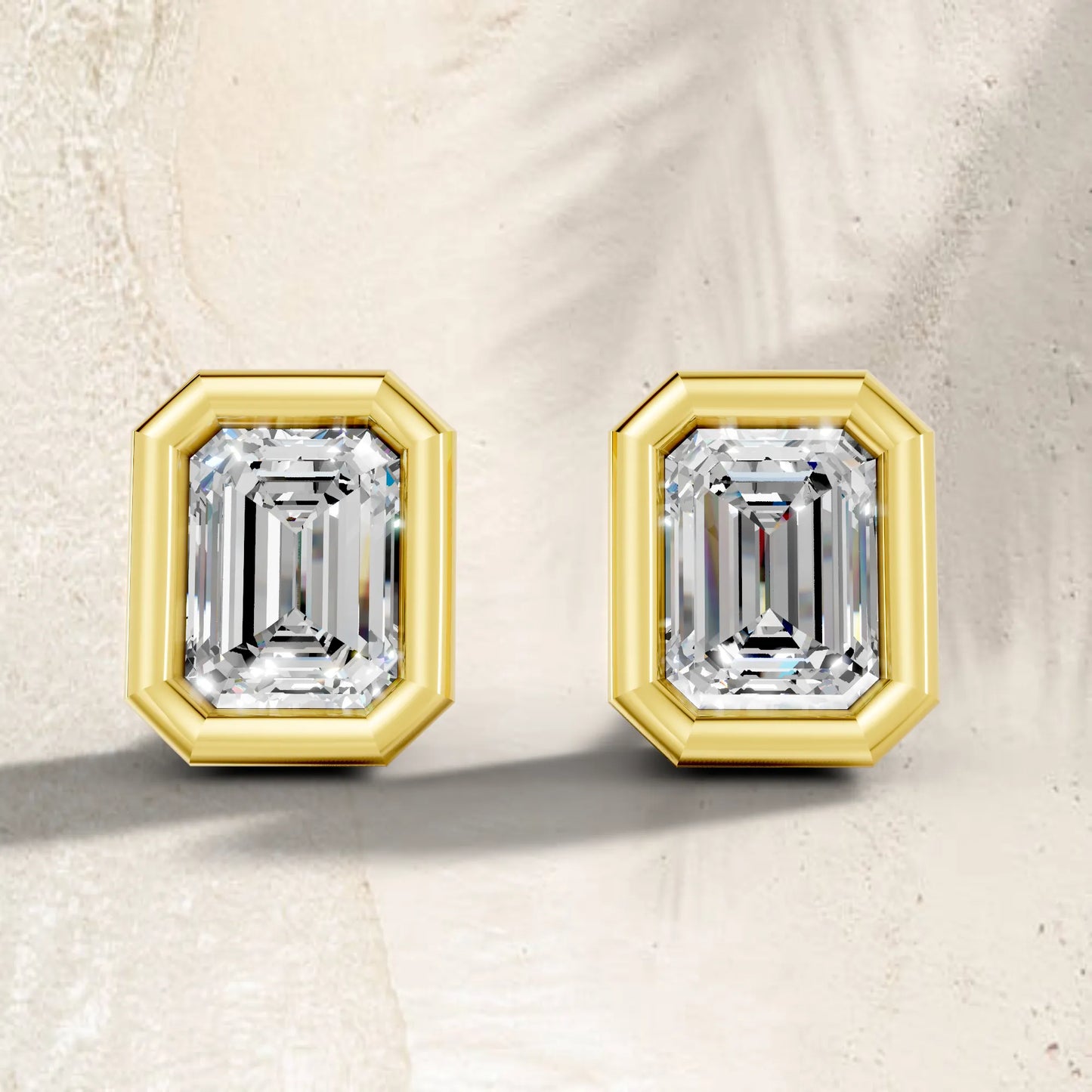 14K Gold Emerald Cut Diamond Bezel Stud Earring