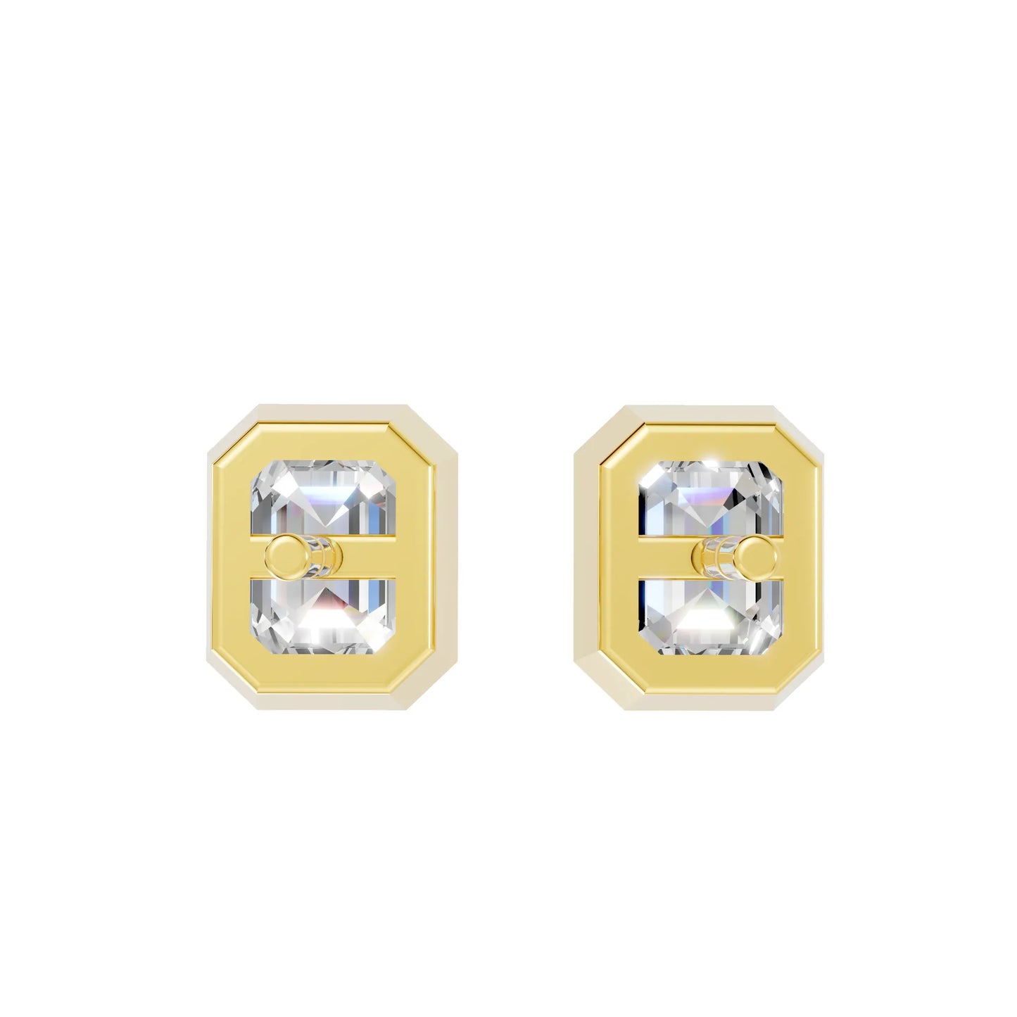 14K Gold Emerald Cut Diamond Bezel Stud Earring