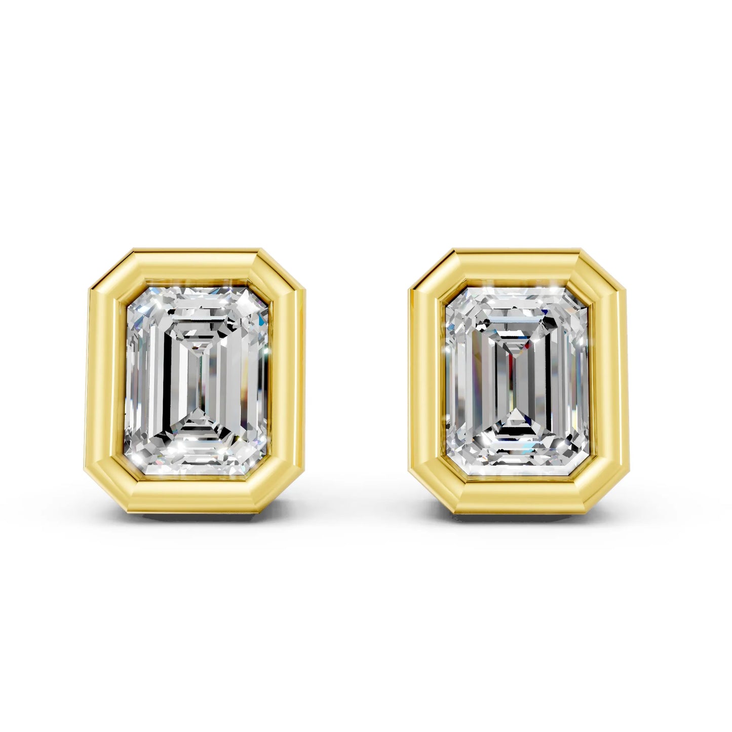 14K Gold Emerald Cut Diamond Bezel Stud Earring