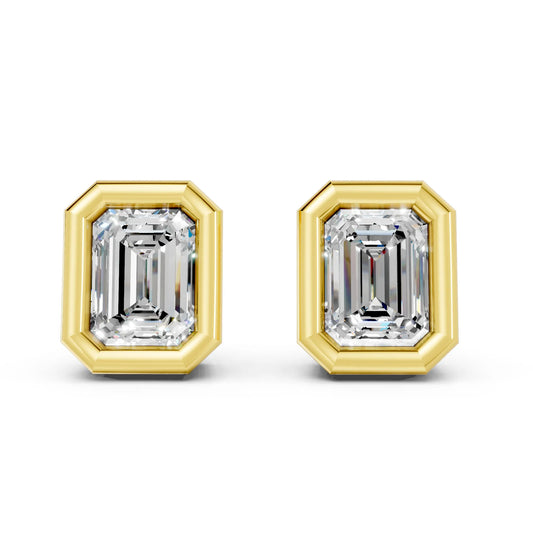 14K Gold Emerald Cut Diamond Bezel Stud Earring