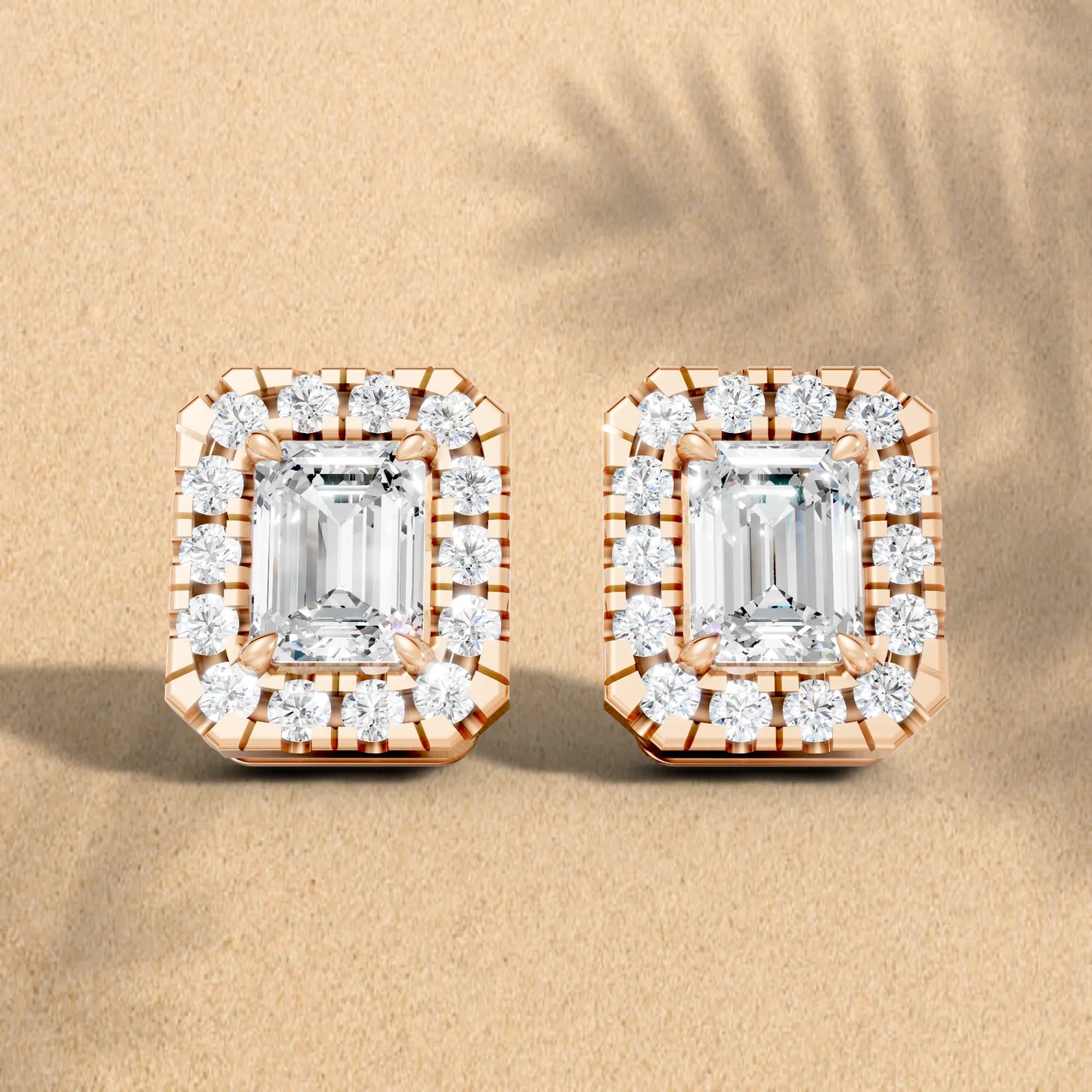 14K Gold Emerald Cut Diamond Halo Stud Earring