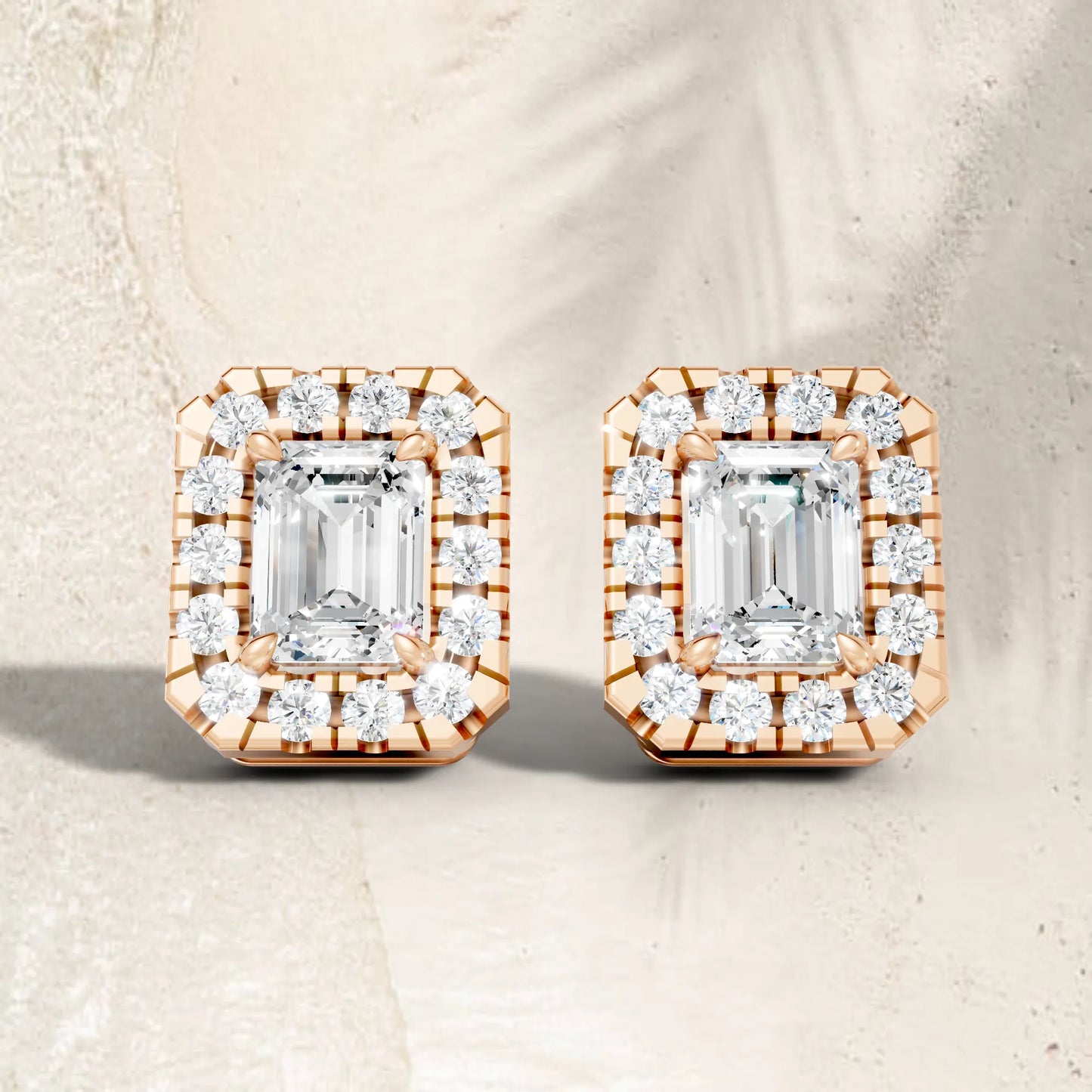 14K Gold Emerald Cut Diamond Halo Stud Earring