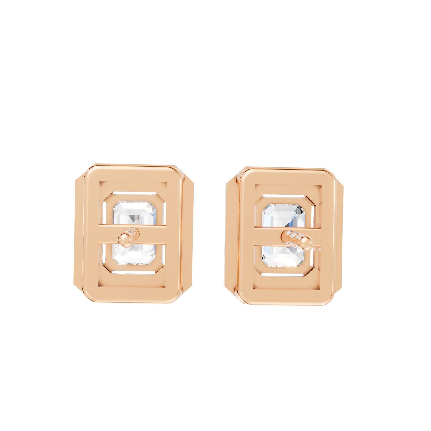 14K Gold Emerald Cut Diamond Halo Stud Earring