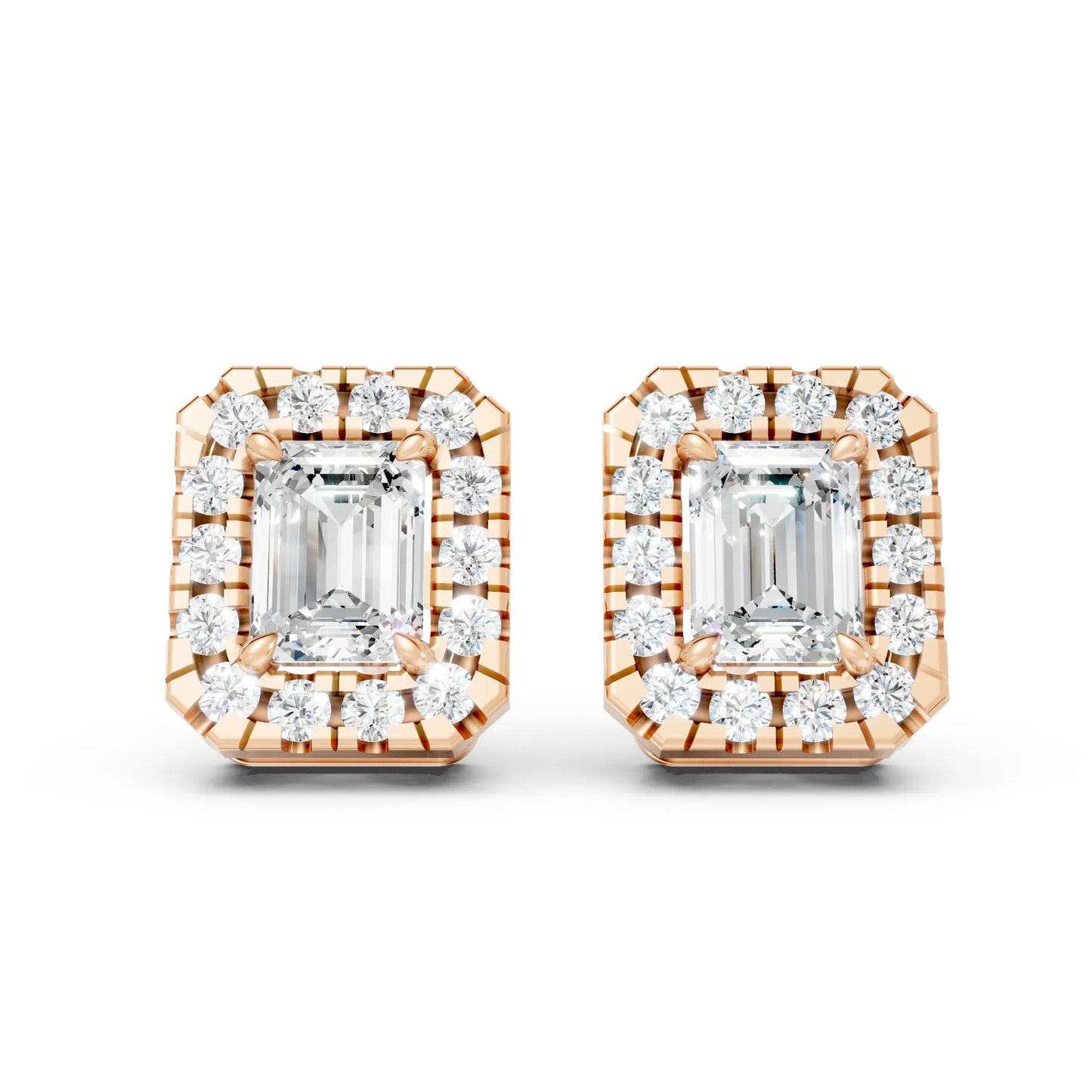 14K Gold Emerald Cut Diamond Halo Stud Earring