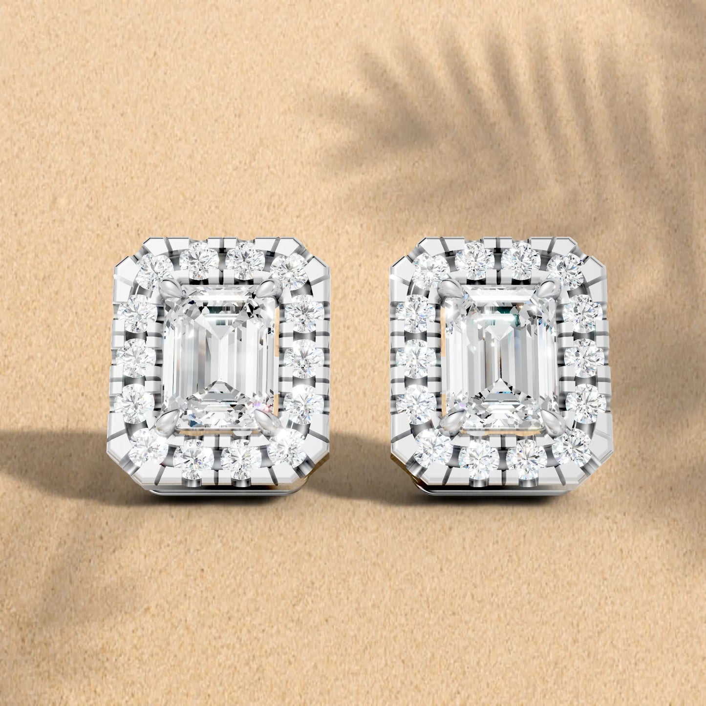 14K Gold Emerald Cut Diamond Halo Stud Earring