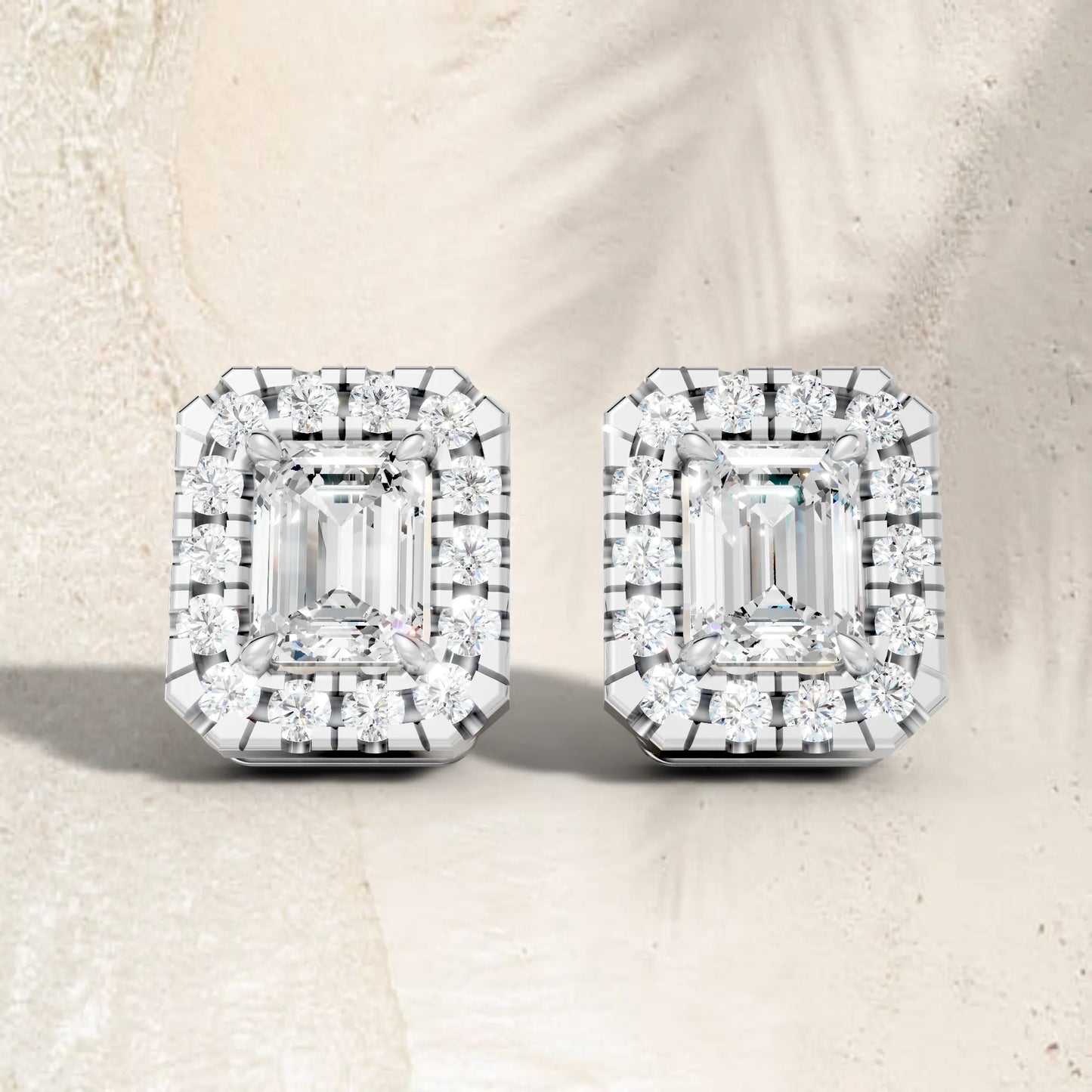 14K Gold Emerald Cut Diamond Halo Stud Earring