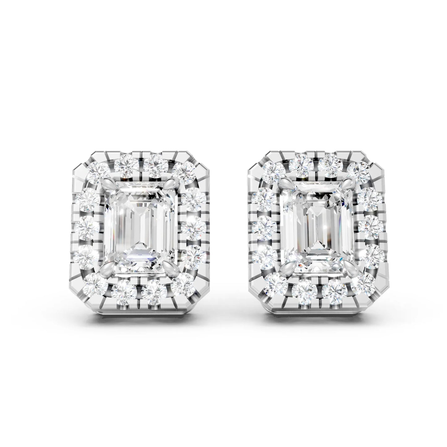 14K Gold Emerald Cut Diamond Halo Stud Earring