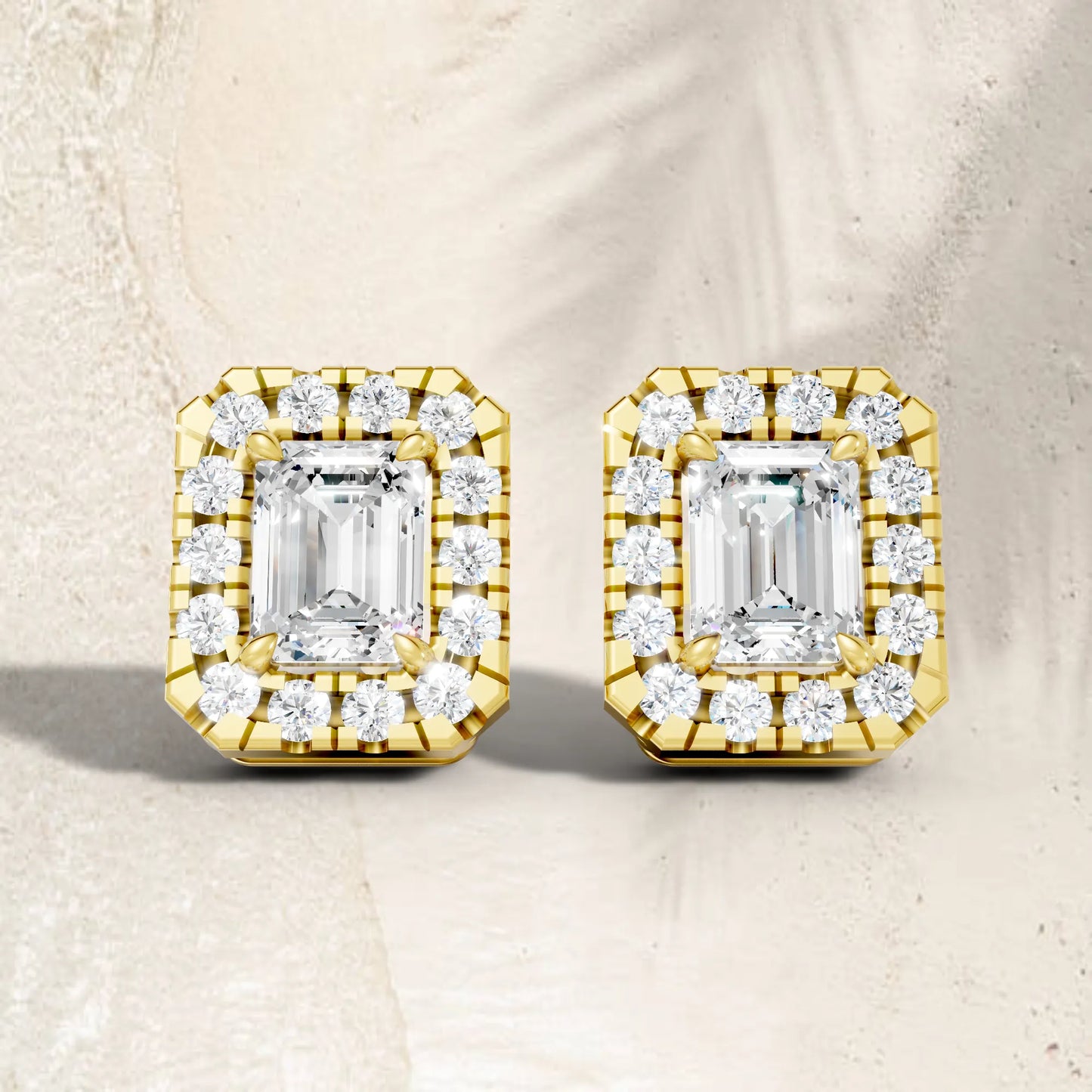 14K Gold Emerald Cut Diamond Halo Stud Earring