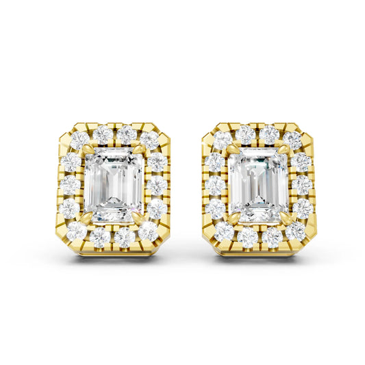 14K Gold Emerald Cut Diamond Halo Stud Earring