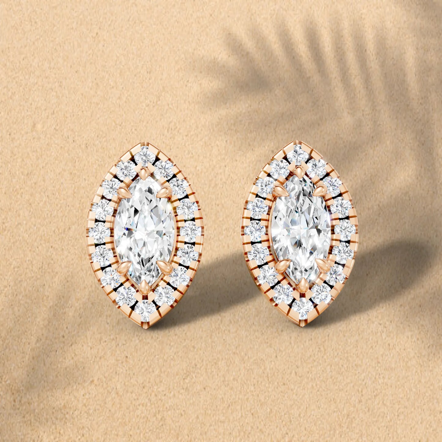 14K Gold Marquise Cut Diamond Halo Stud Earring