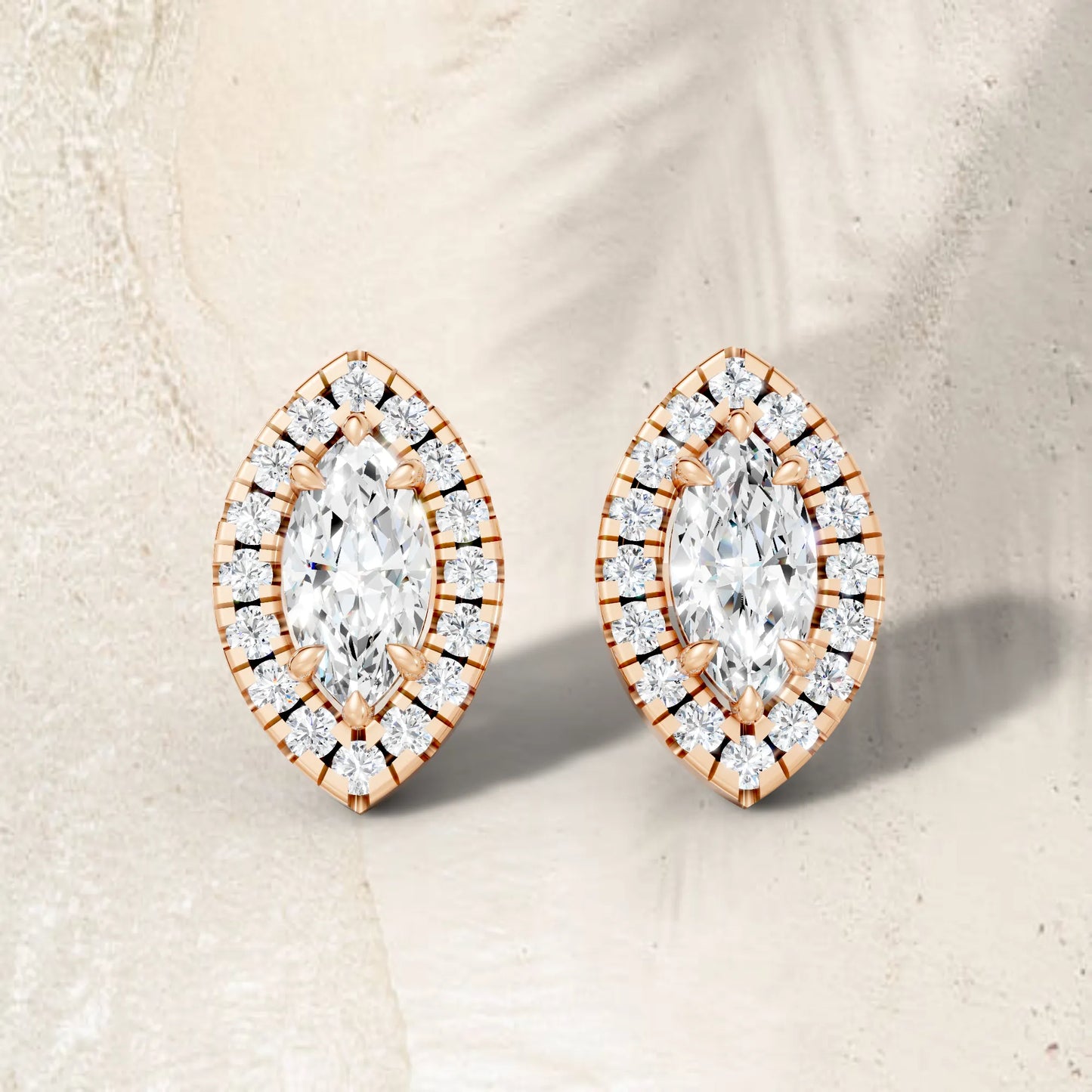 14K Gold Marquise Cut Diamond Halo Stud Earring