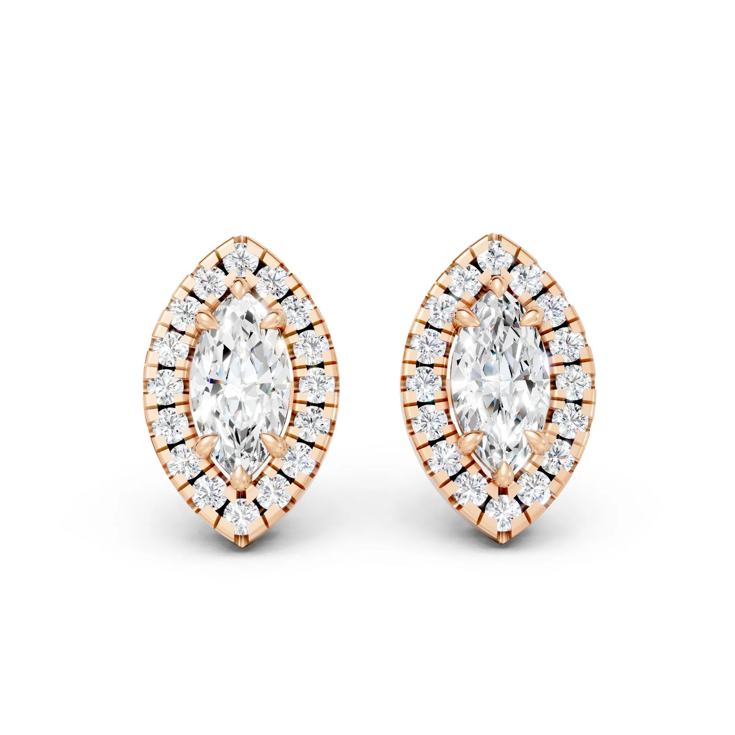 14K Gold Marquise Cut Diamond Halo Stud Earring