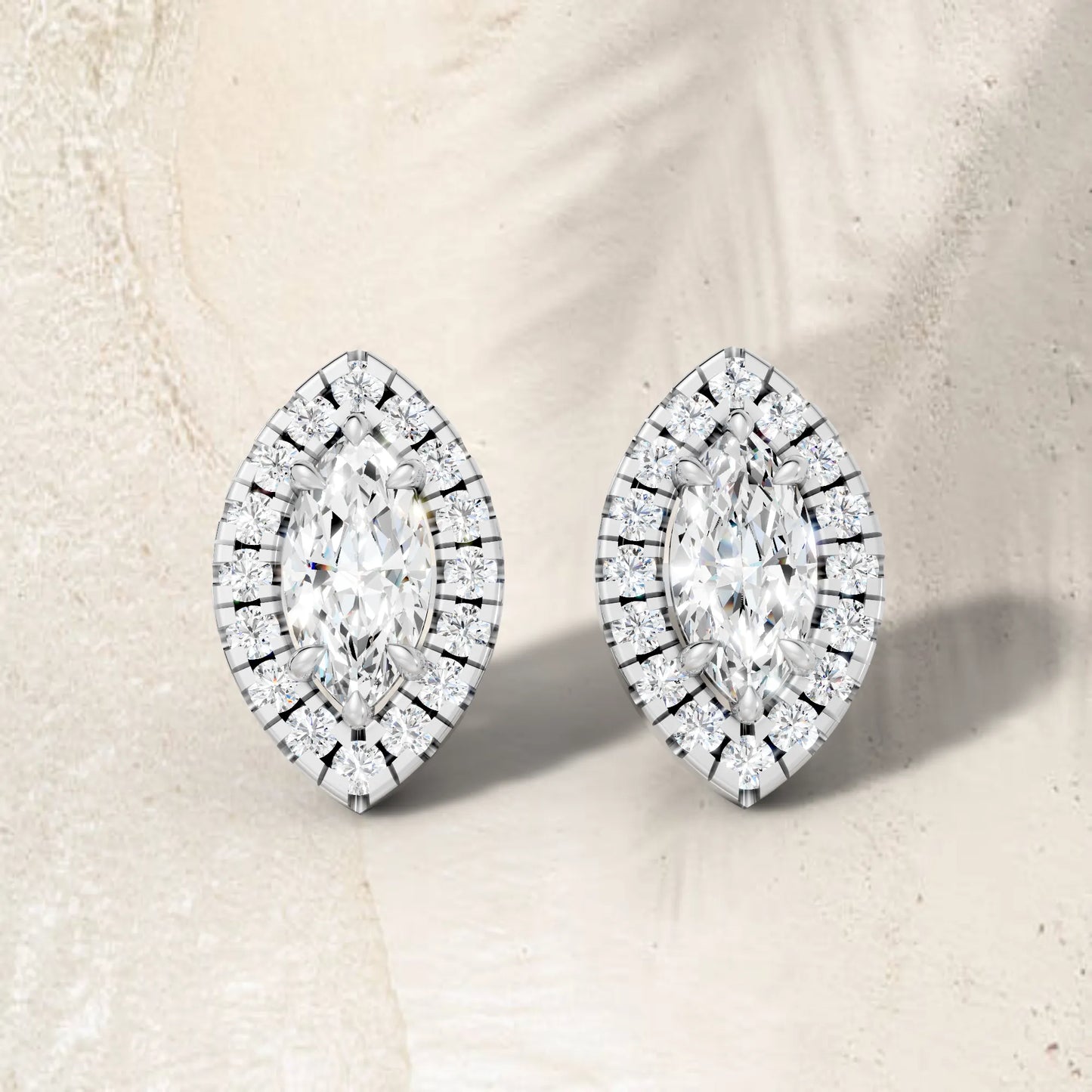 14K Gold Marquise Cut Diamond Halo Stud Earring