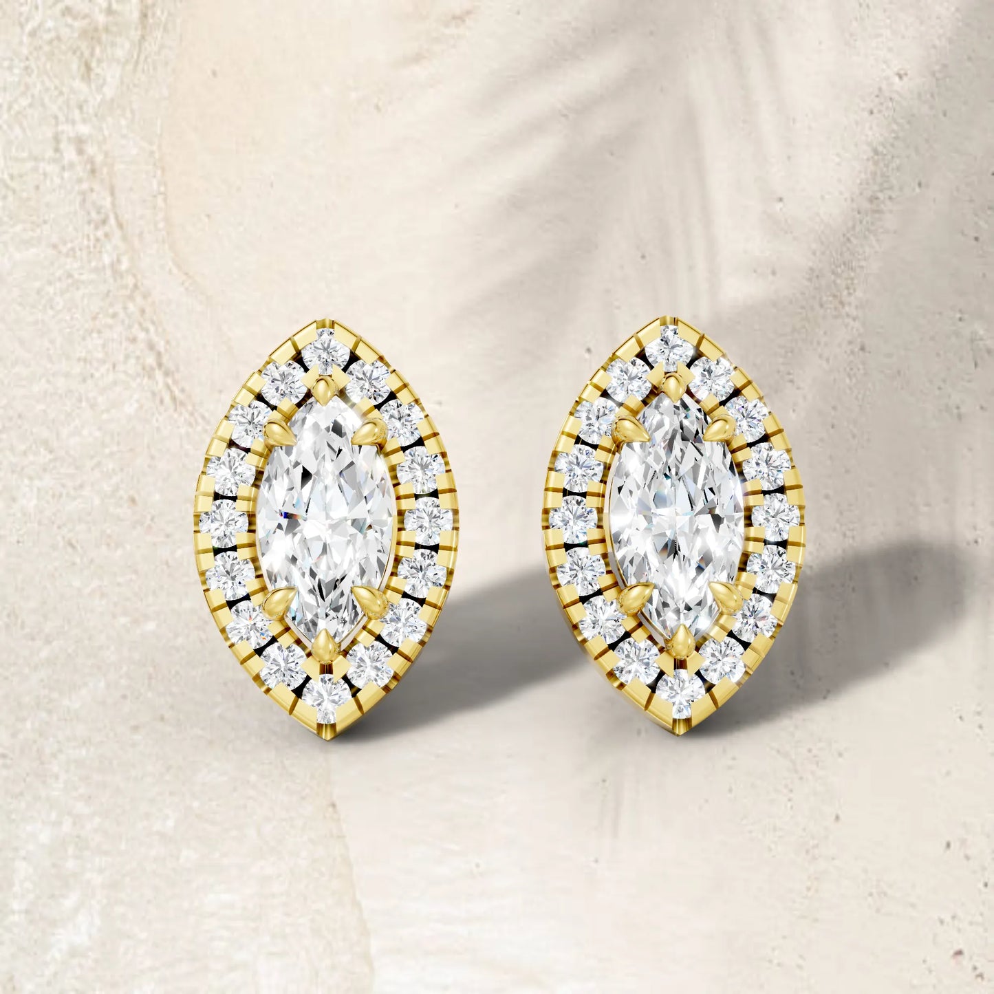 14K Gold Marquise Cut Diamond Halo Stud Earring