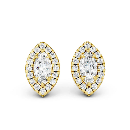 14K Gold Marquise Cut Diamond Halo Stud Earring